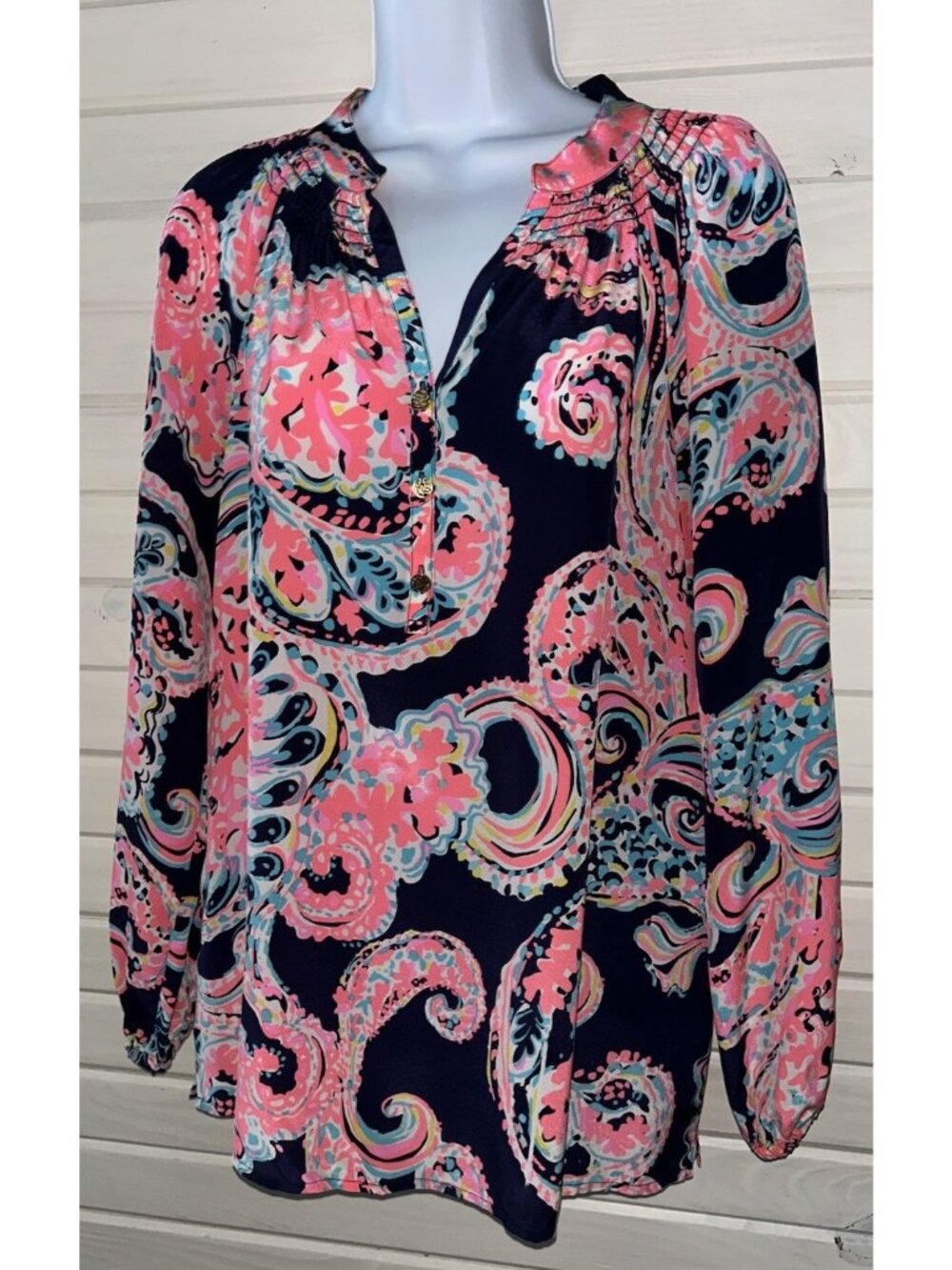 Lilly Pulitzer SMALL Elsa Silk Pullover Top Tunic Blue Pink Paisley EUC